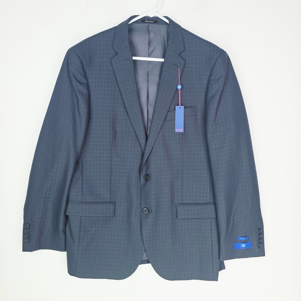 Egara Mens Slim Fit Gray Grid Two Button Suit Jacket Blazer 44R Windowpane NWT